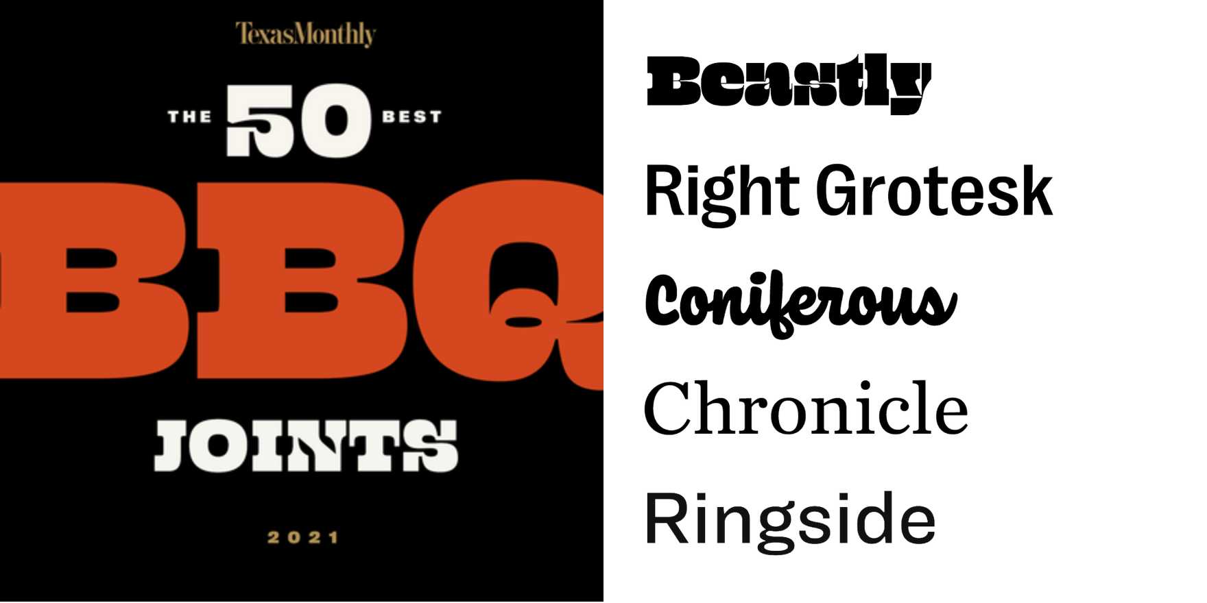 Texas Monthly, “The 50 Best BBQ Joints 2021” web page Fonts In Use